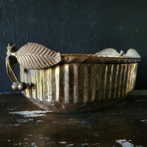 Vtg Hammered Brass Bowl / Dish with Brass Cherry Handles, Brass Planter